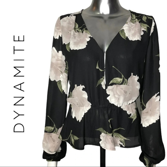 Dynamite Floral Long Sleeve Blouse  Black Top Size XS - Picture 1 of 7